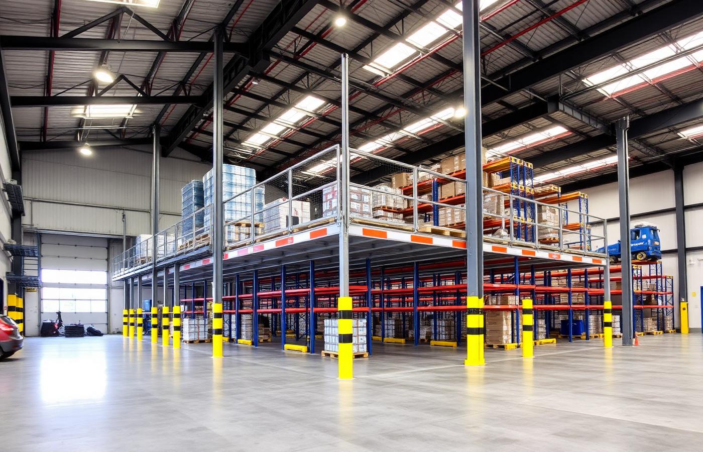 Warehouse mezzanine with racking and bollards